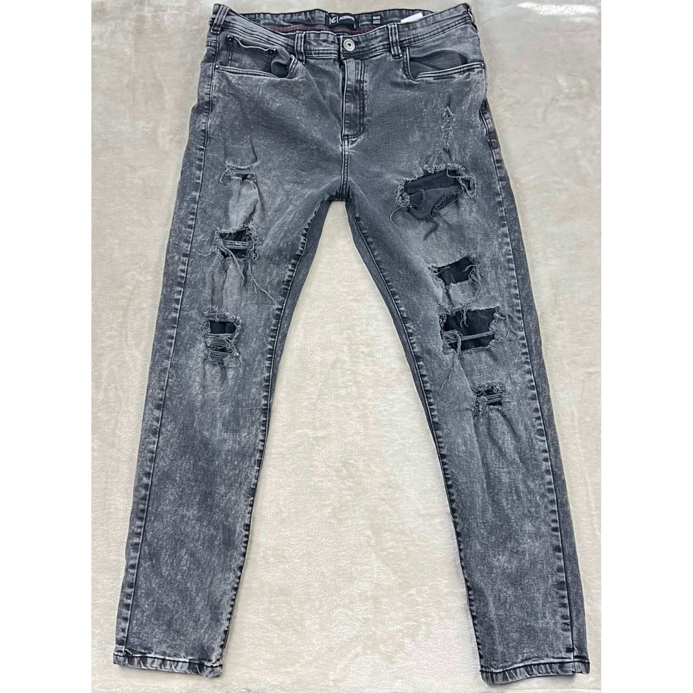 Modern Culture Mens Distressed Acid Wash Slim Straight Jeans 38x32 Black Grey